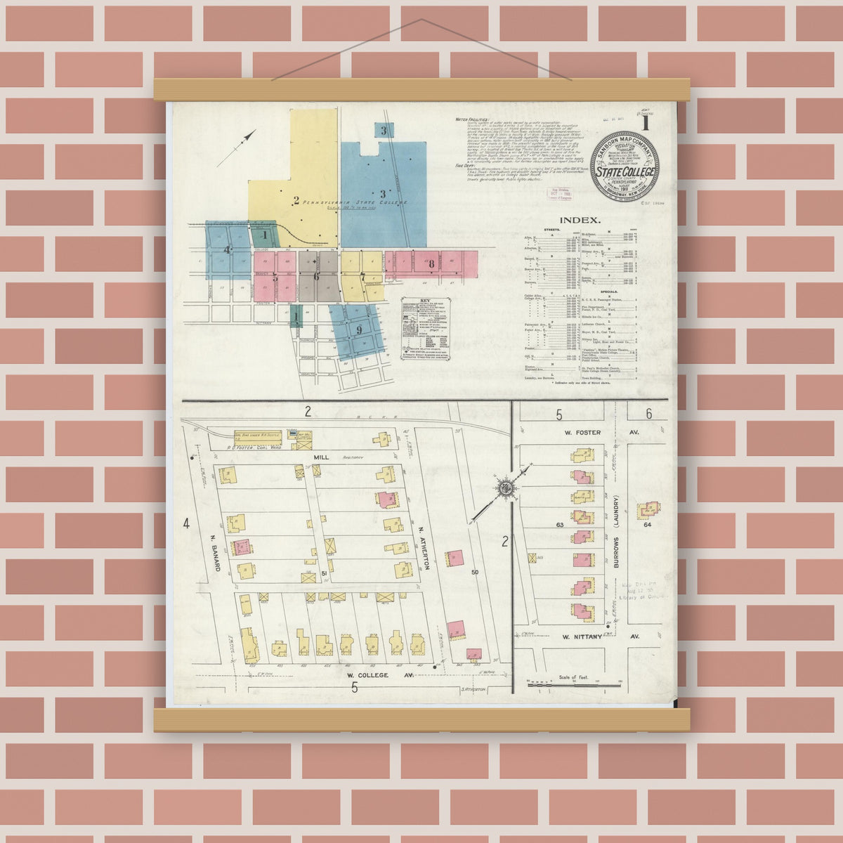 Old map wall art mockup — magnetic wood frame on brick wall — Sanborn Fire Insurance Map from State College, Centre County, Pennsylvania (1911), Sheet #0001