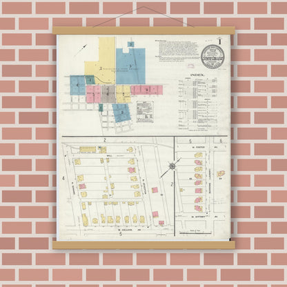 Old map wall art mockup — magnetic wood frame on brick wall — Sanborn Fire Insurance Map from State College, Centre County, Pennsylvania (1911), Sheet #0001