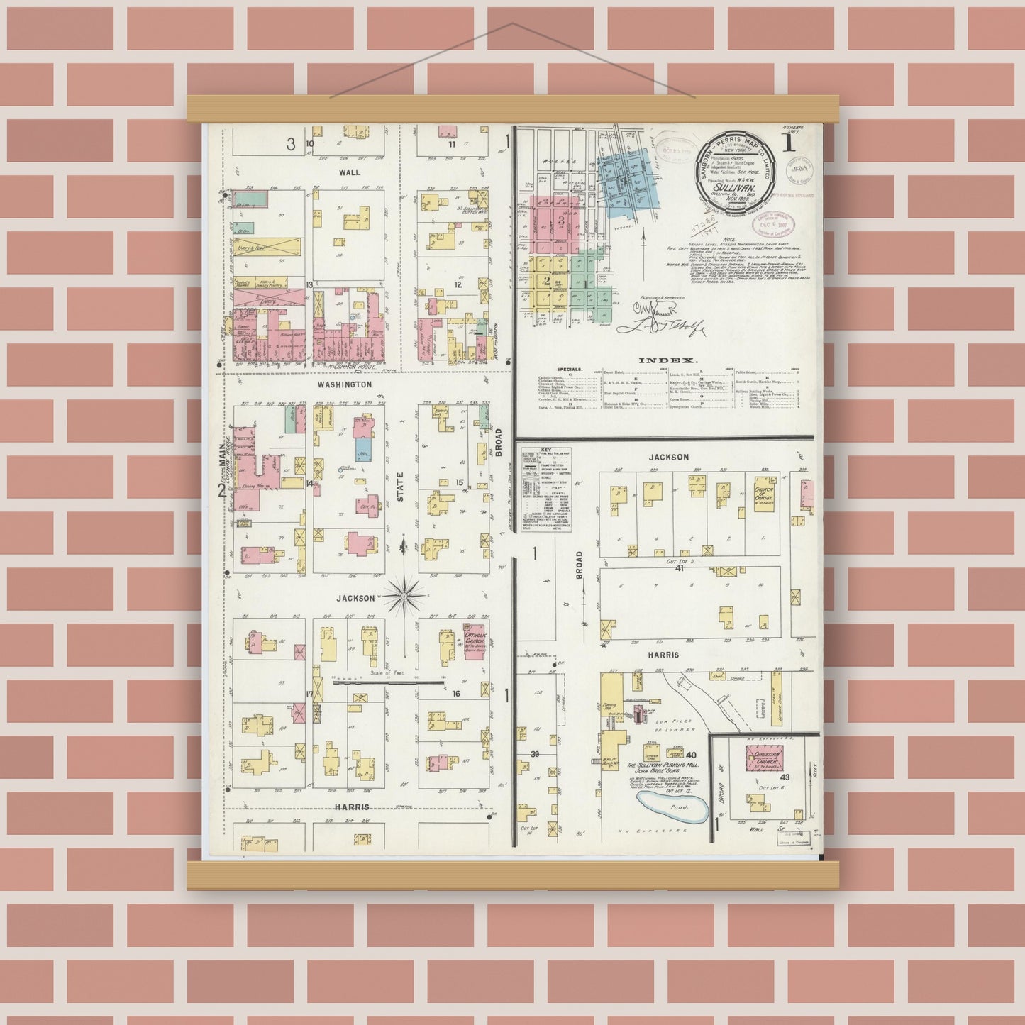 Old map wall art mockup — magnetic wood frame on brick wall — Sanborn Fire Insurance Map from Sullivan, Sullivan County, Indiana (1897), Sheet #0001