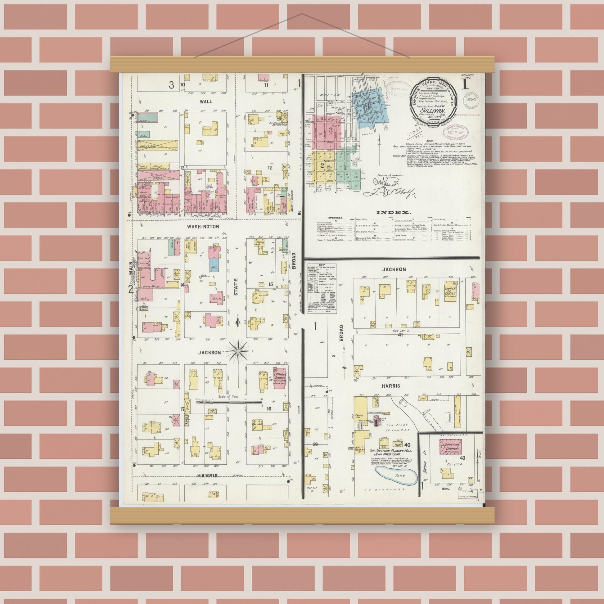 Old map wall art mockup — magnetic wood frame on brick wall — Sanborn Fire Insurance Map from Sullivan, Sullivan County, Indiana (1897), Sheet #0001
