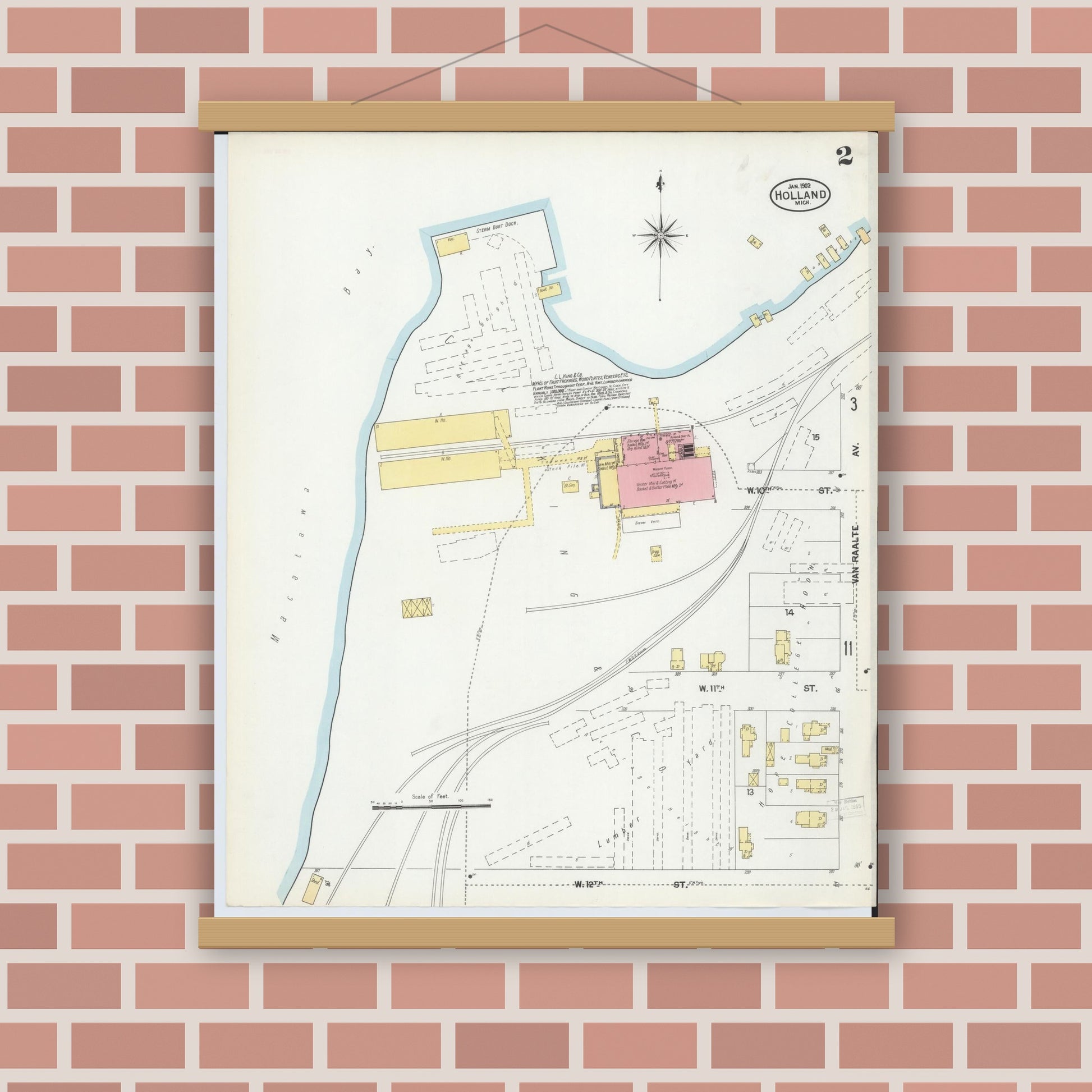 Old map wall art mockup — magnetic wood frame on brick wall — Sanborn Fire Insurance Map from Holland, Ottawa County, Michigan (1902), Sheet #0002