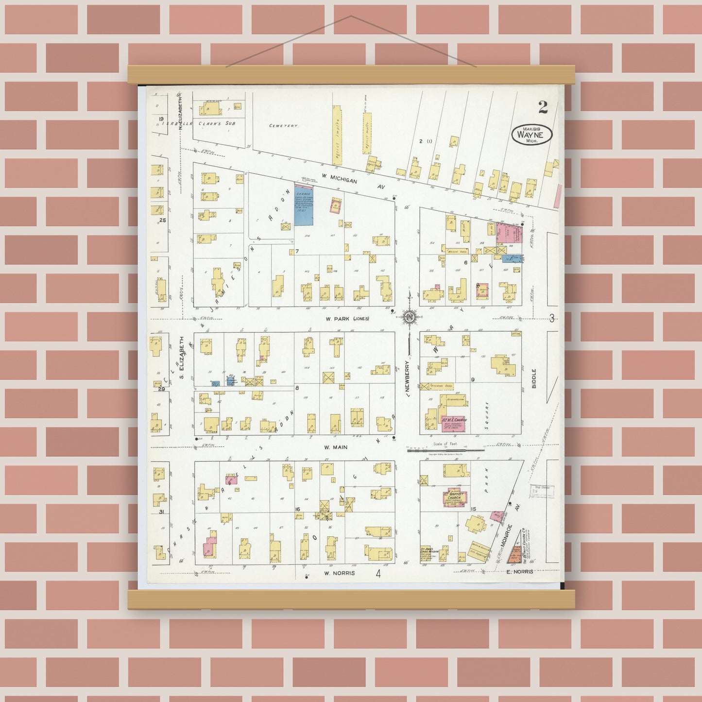 Old map wall art mockup — magnetic wood frame on brick wall — Sanborn Fire Insurance Map from Wayne, Wayne County, Michigan (1919), Sheet #0002