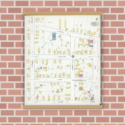 Old map wall art mockup — magnetic wood frame on brick wall — Sanborn Fire Insurance Map from Wayne, Wayne County, Michigan (1919), Sheet #0002