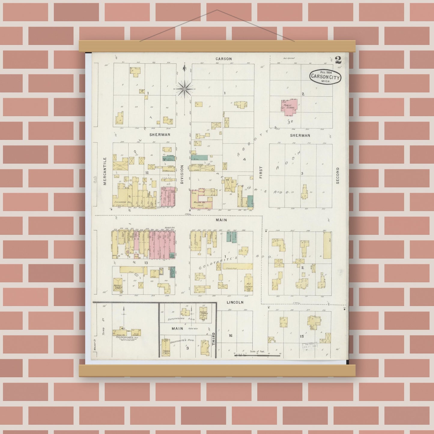 Old map wall art mockup — magnetic wood frame on brick wall — Sanborn Fire Insurance Map from Carson City, Montcalm County, Michigan (1894), Sheet #0002