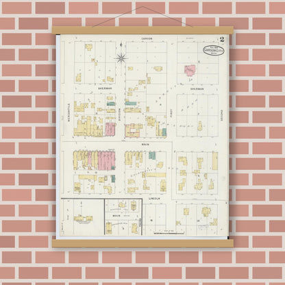 Old map wall art mockup — magnetic wood frame on brick wall — Sanborn Fire Insurance Map from Carson City, Montcalm County, Michigan (1894), Sheet #0002