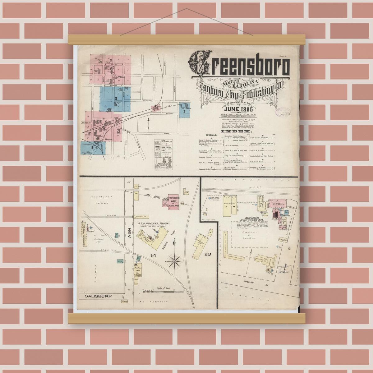 Old map wall art mockup — magnetic wood frame on brick wall — Sanborn Fire Insurance Map from Greensboro, Guilford County, North Carolina (1885), Sheet #0001