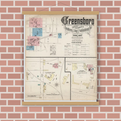 Old map wall art mockup — magnetic wood frame on brick wall — Sanborn Fire Insurance Map from Greensboro, Guilford County, North Carolina (1885), Sheet #0001
