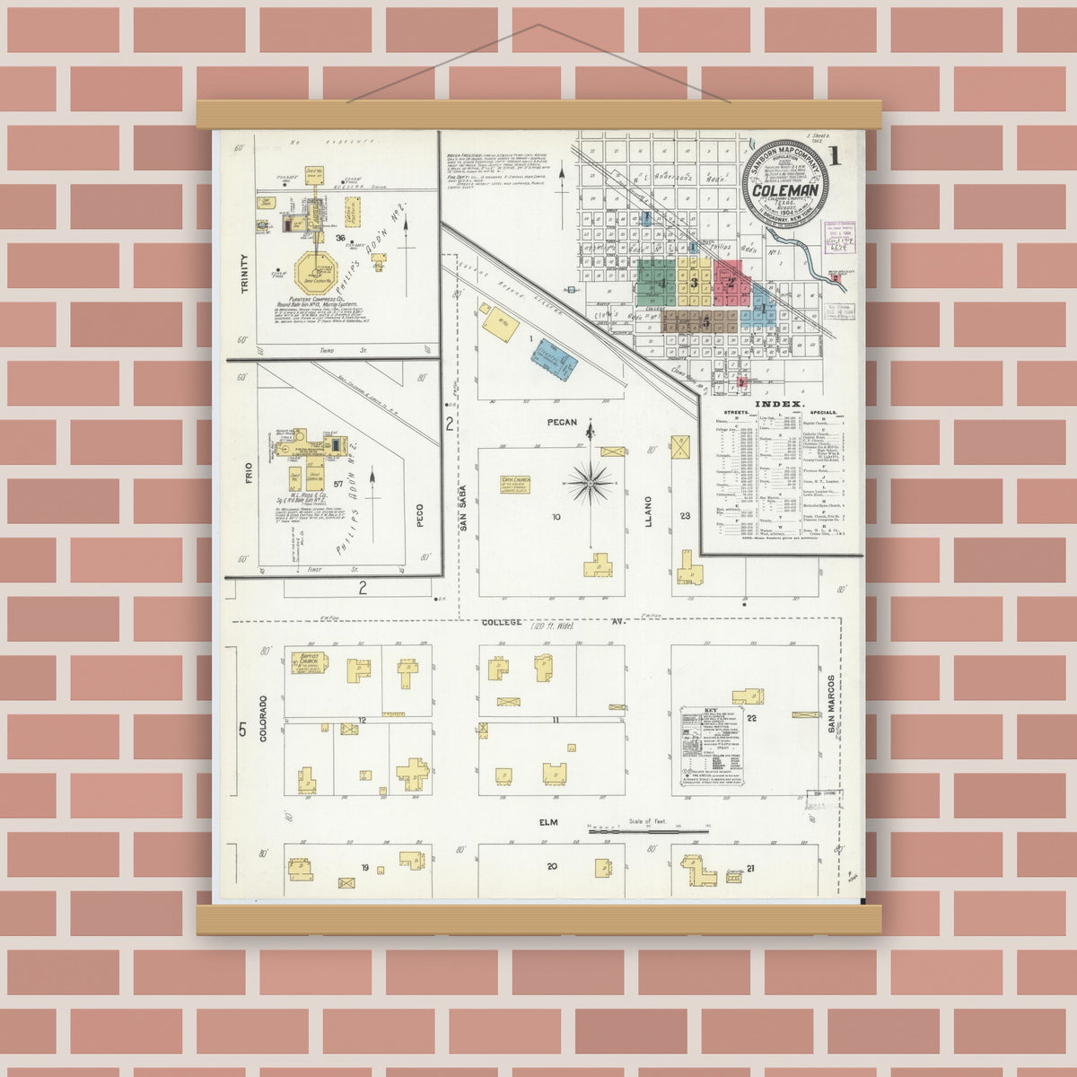Old map wall art mockup — magnetic wood frame on brick wall — Sanborn Fire Insurance Map from Coleman, Coleman County, Texas (1904), Sheet #0001