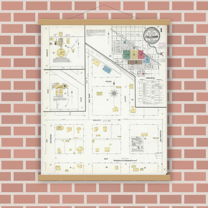 Old map wall art mockup — magnetic wood frame on brick wall — Sanborn Fire Insurance Map from Coleman, Coleman County, Texas (1904), Sheet #0001
