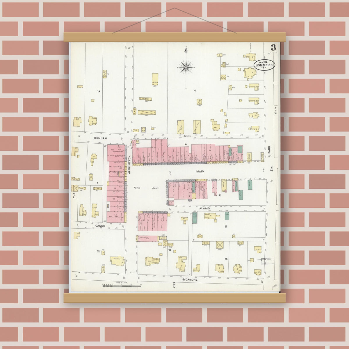 Old map wall art mockup — magnetic wood frame on brick wall — Sanborn Fire Insurance Map from Commerce, Hunt County, Texas (1906), Sheet #0003