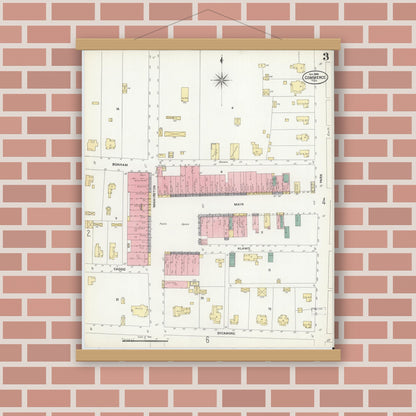 Old map wall art mockup — magnetic wood frame on brick wall — Sanborn Fire Insurance Map from Commerce, Hunt County, Texas (1906), Sheet #0003