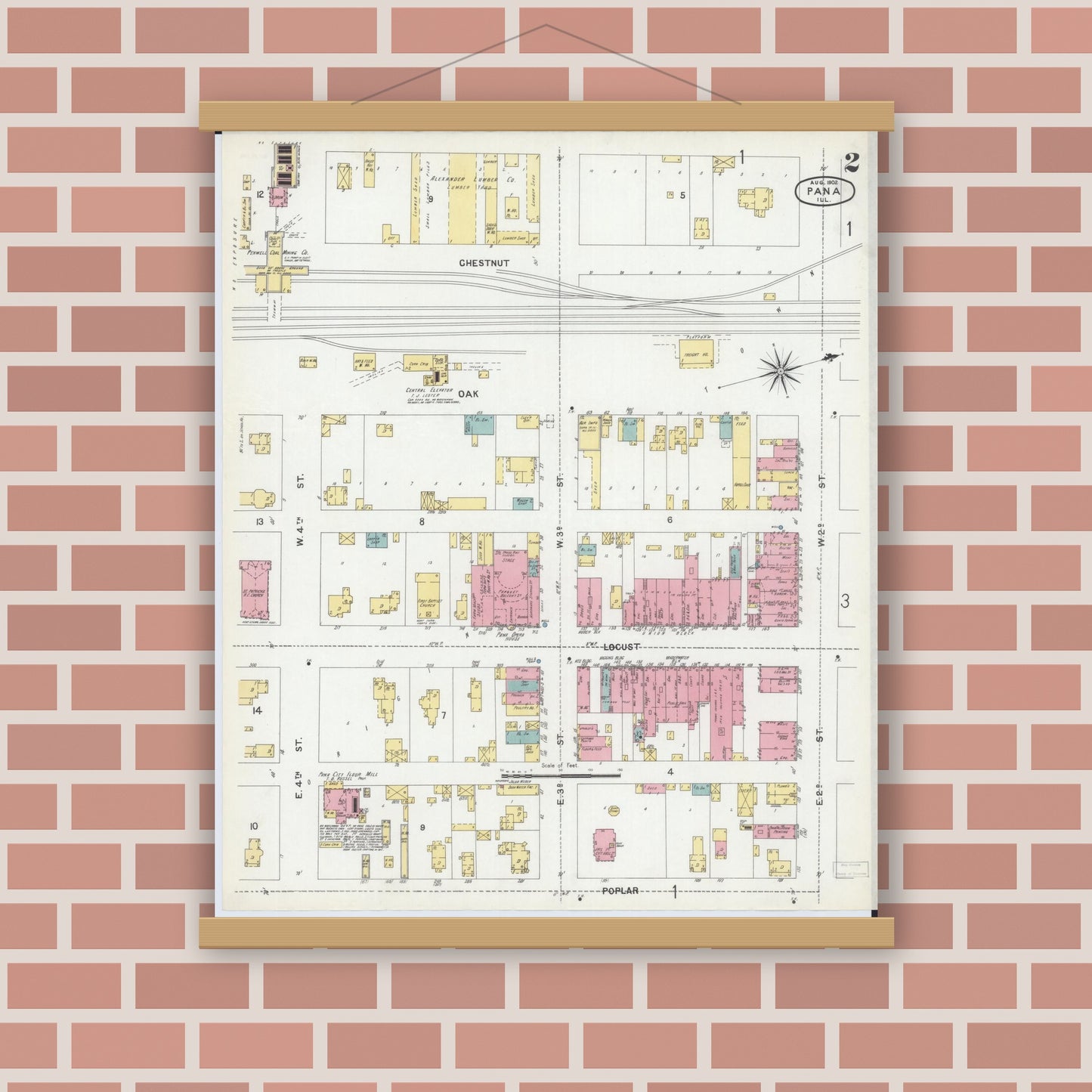 Old map wall art mockup — magnetic wood frame on brick wall — Sanborn Fire Insurance Map from Pana, Christian County, Illinois (1902), Sheet #0002
