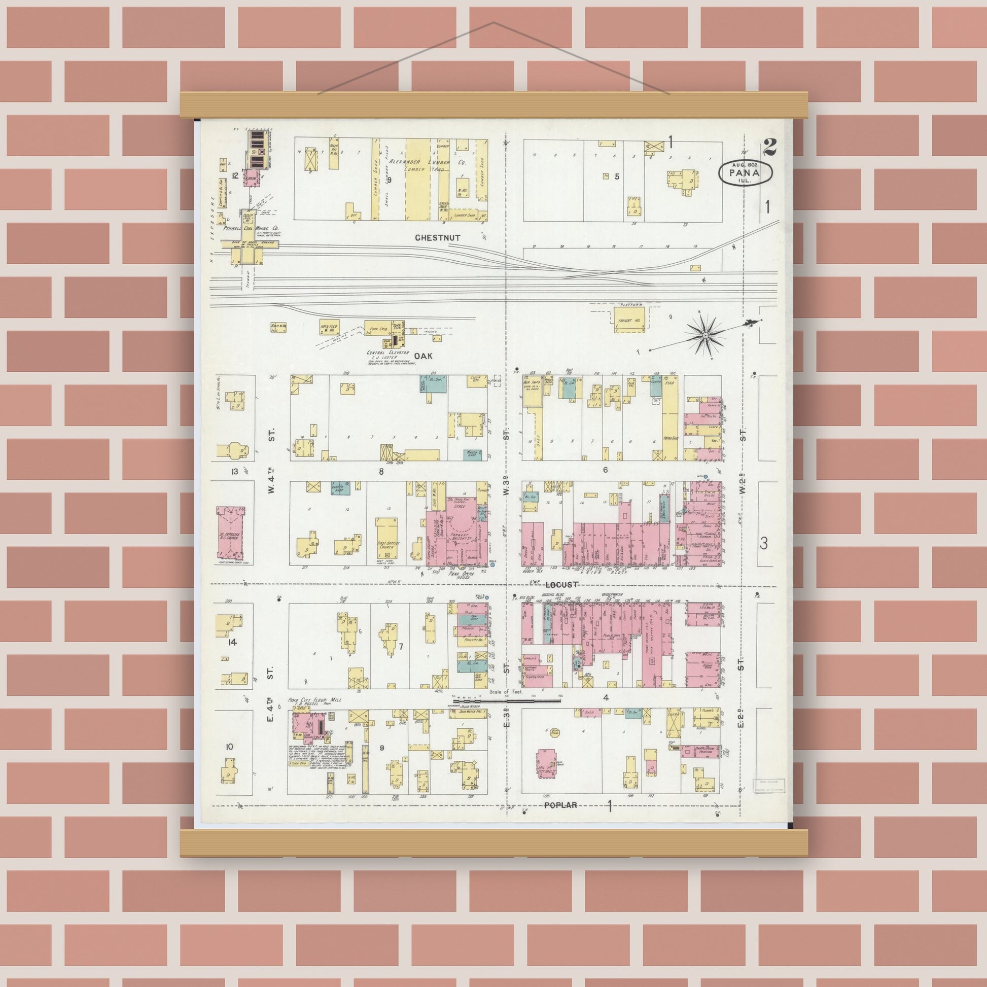 Old map wall art mockup — magnetic wood frame on brick wall — Sanborn Fire Insurance Map from Pana, Christian County, Illinois (1902), Sheet #0002