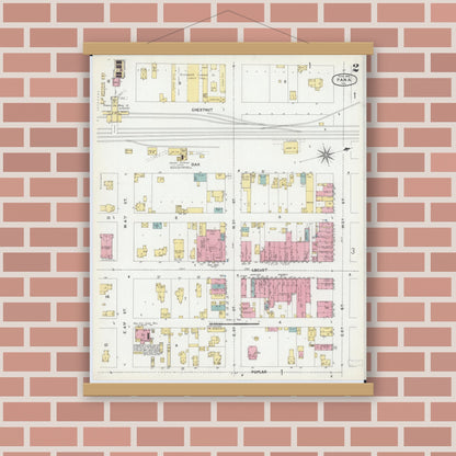 Old map wall art mockup — magnetic wood frame on brick wall — Sanborn Fire Insurance Map from Pana, Christian County, Illinois (1902), Sheet #0002