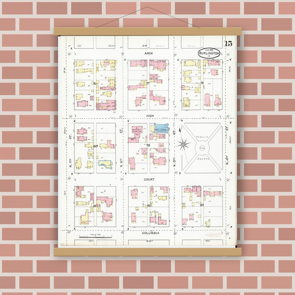 Old map wall art mockup — magnetic wood frame on brick wall — Sanborn Fire Insurance Map from Burlington, Des Moines County, Iowa (1892), Sheet #0015