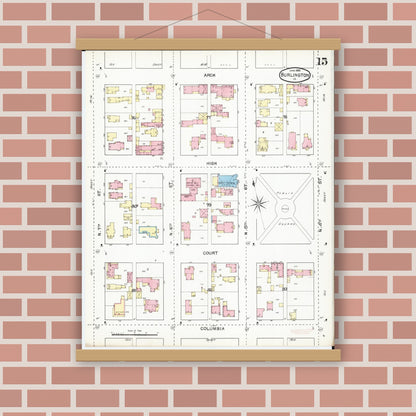Old map wall art mockup — magnetic wood frame on brick wall — Sanborn Fire Insurance Map from Burlington, Des Moines County, Iowa (1892), Sheet #0015