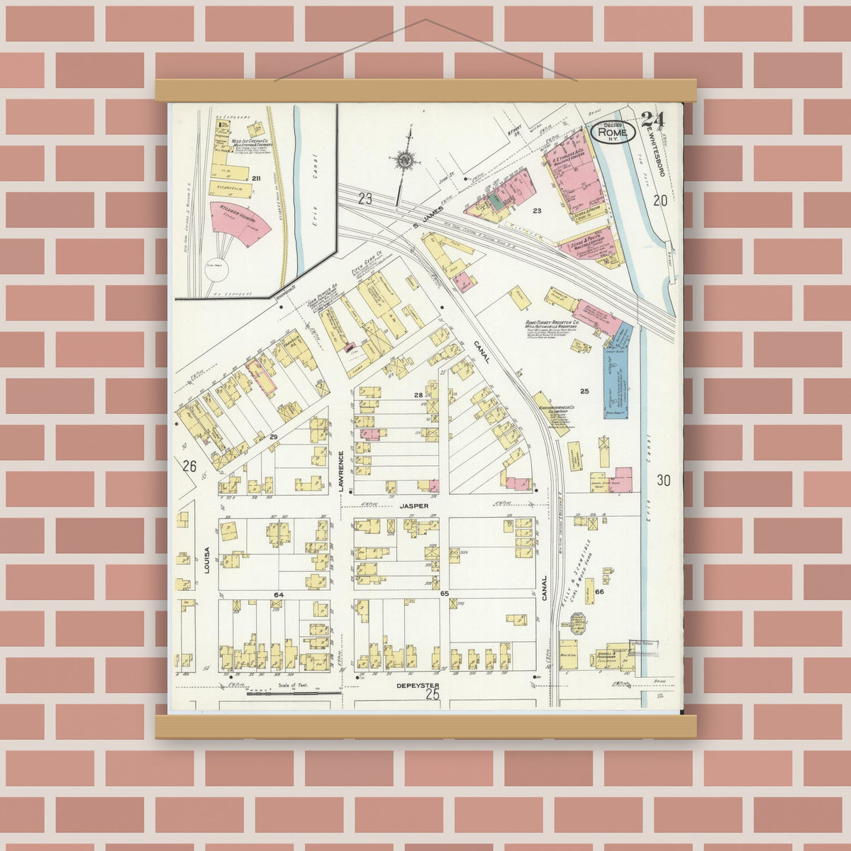 Old map wall art mockup — magnetic wood frame on brick wall — Sanborn Fire Insurance Map from Rome, Oneida County, New York (1909), Sheet #0024