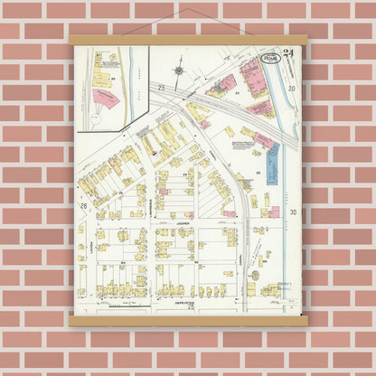 Old map wall art mockup — magnetic wood frame on brick wall — Sanborn Fire Insurance Map from Rome, Oneida County, New York (1909), Sheet #0024