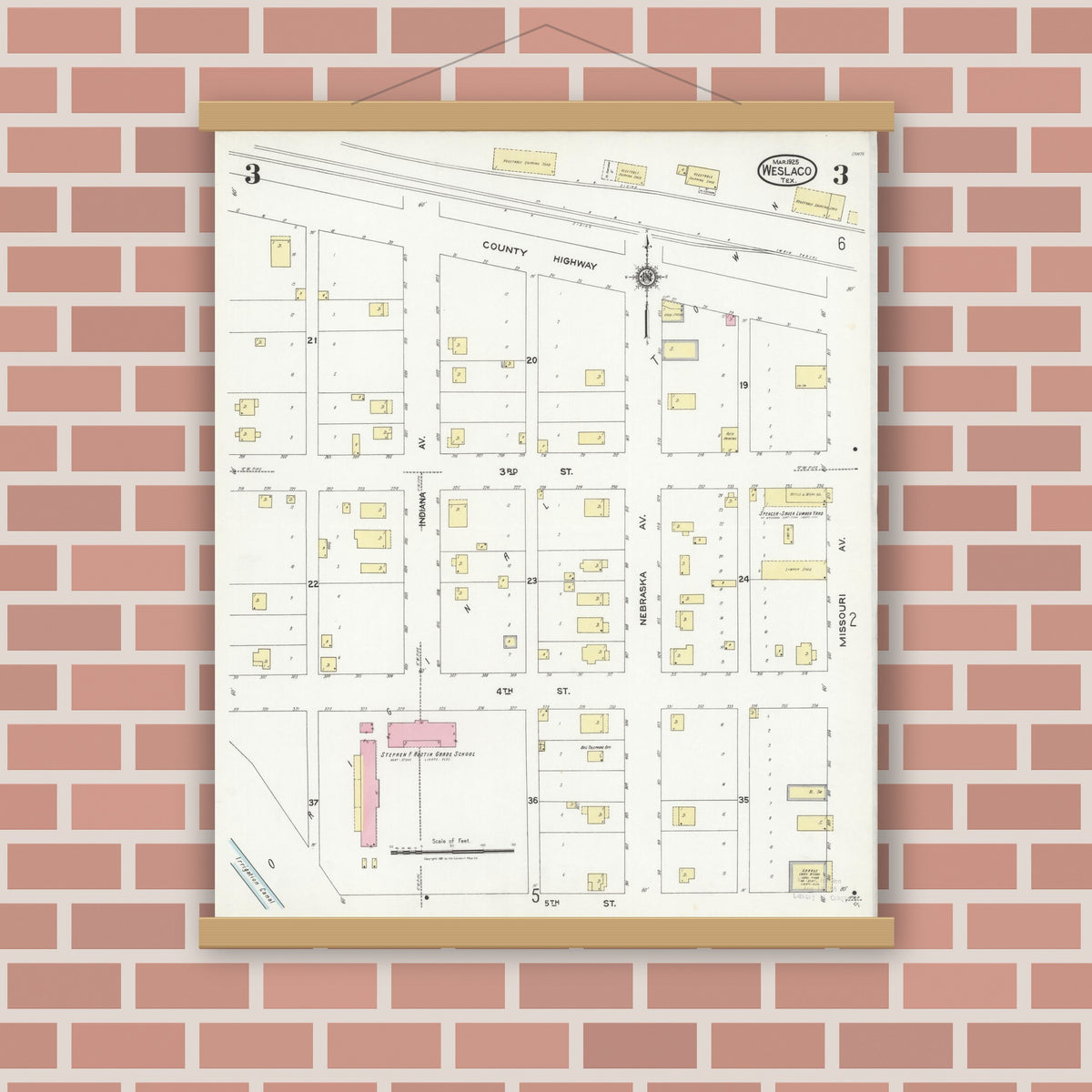Old map wall art mockup — magnetic wood frame on brick wall — Sanborn Fire Insurance Map from Weslaco, Hidalgo County, Texas (1925), Sheet #0003