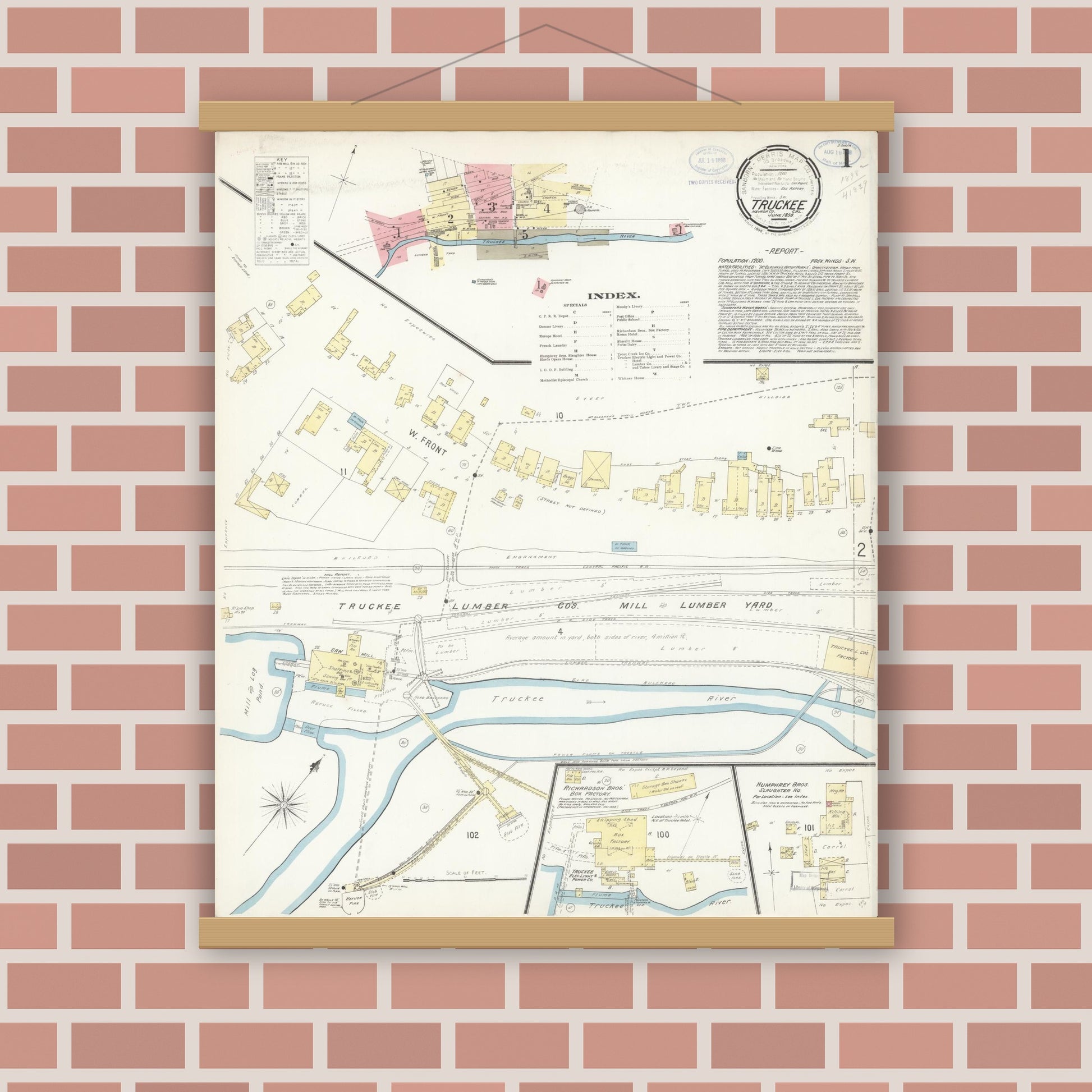 Old map wall art mockup — magnetic wood frame on brick wall — Sanborn Fire Insurance Map from Truckee, Nevada County, California (1898) - Complete Map Set