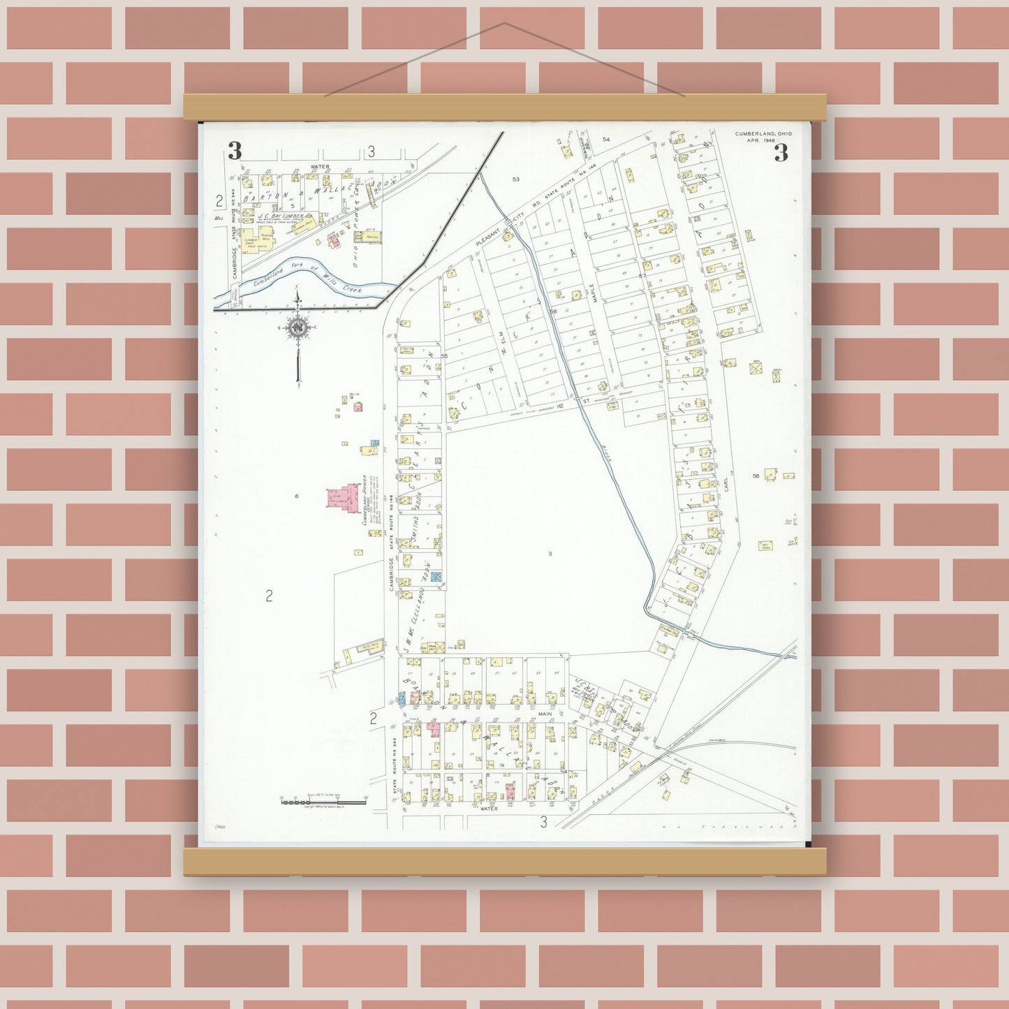 Old map wall art mockup — magnetic wood frame on brick wall — Sanborn Fire Insurance Map from Cumberland, Guernsey County, Ohio (1946), Sheet #0003