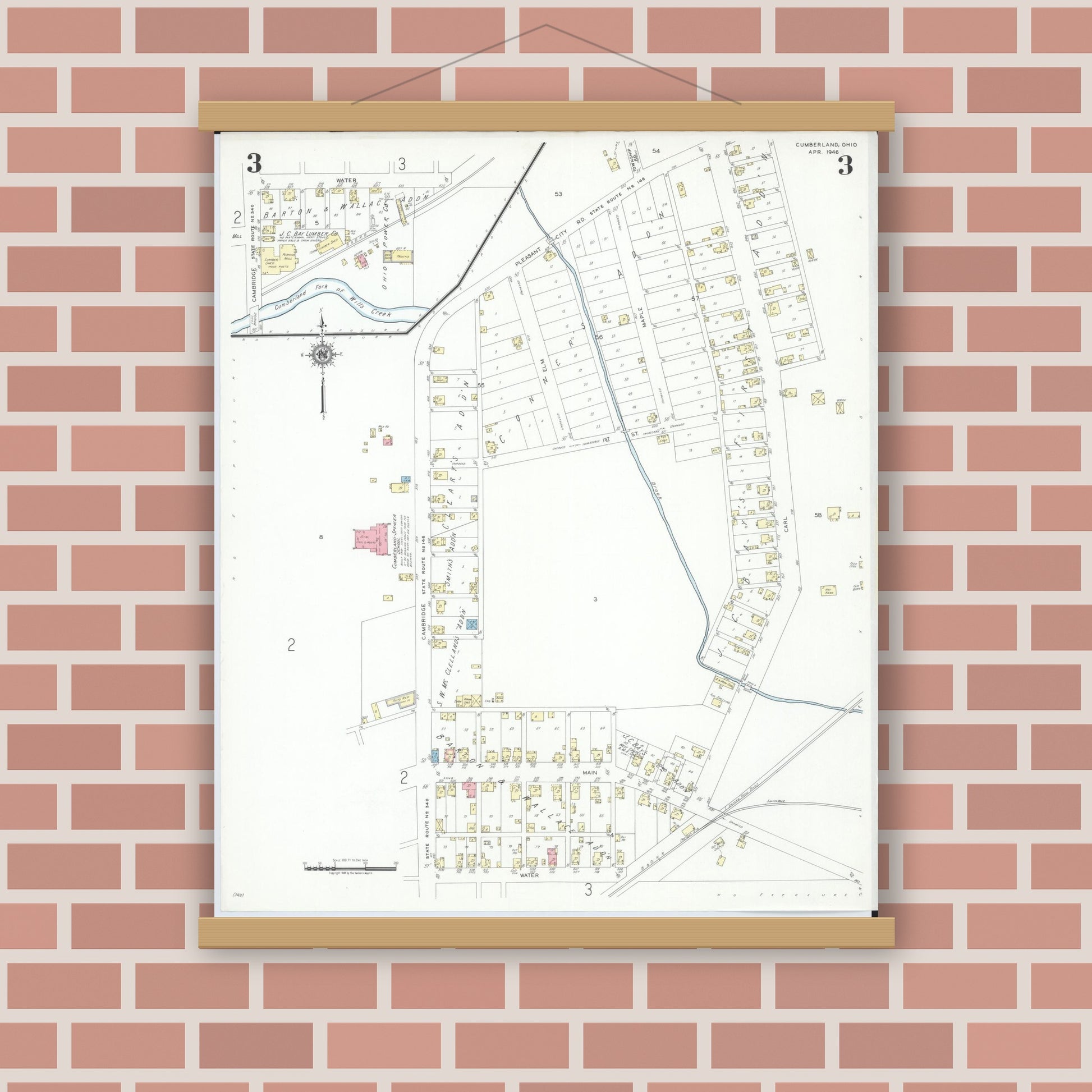 Old map wall art mockup — magnetic wood frame on brick wall — Sanborn Fire Insurance Map from Cumberland, Guernsey County, Ohio (1946), Sheet #0003