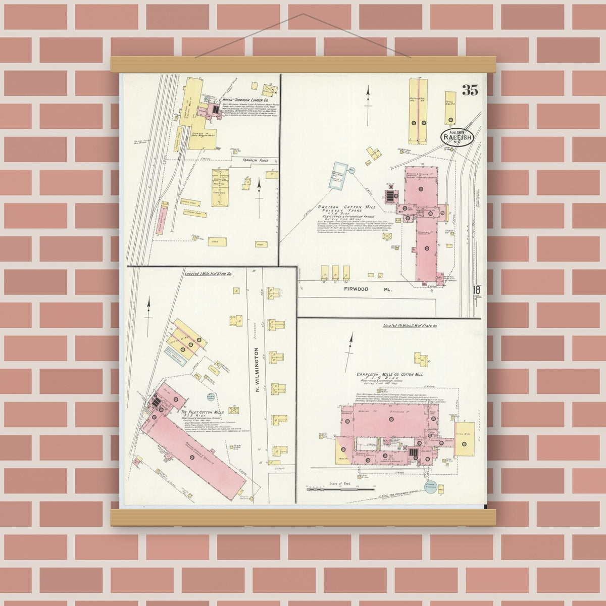 Old map wall art mockup — magnetic wood frame on brick wall — Sanborn Fire Insurance Map from Raleigh, Wake County, North Carolina (1909), Sheet #0035