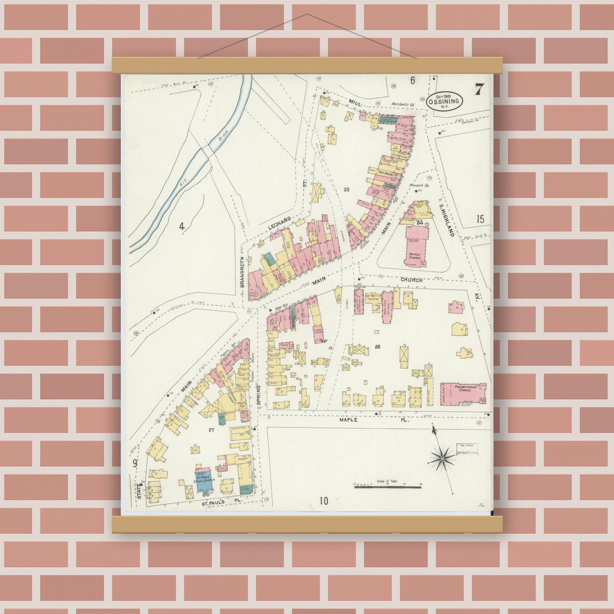 Old map wall art mockup — magnetic wood frame on brick wall — Sanborn Fire Insurance Map from Ossining, Westchester County, New York (1903), Sheet #0007