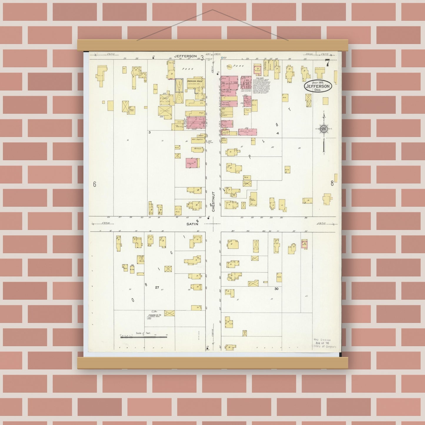 Old map wall art mockup — magnetic wood frame on brick wall — Sanborn Fire Insurance Map from Jefferson, Ashtabula County, Ohio (1915), Sheet #0007