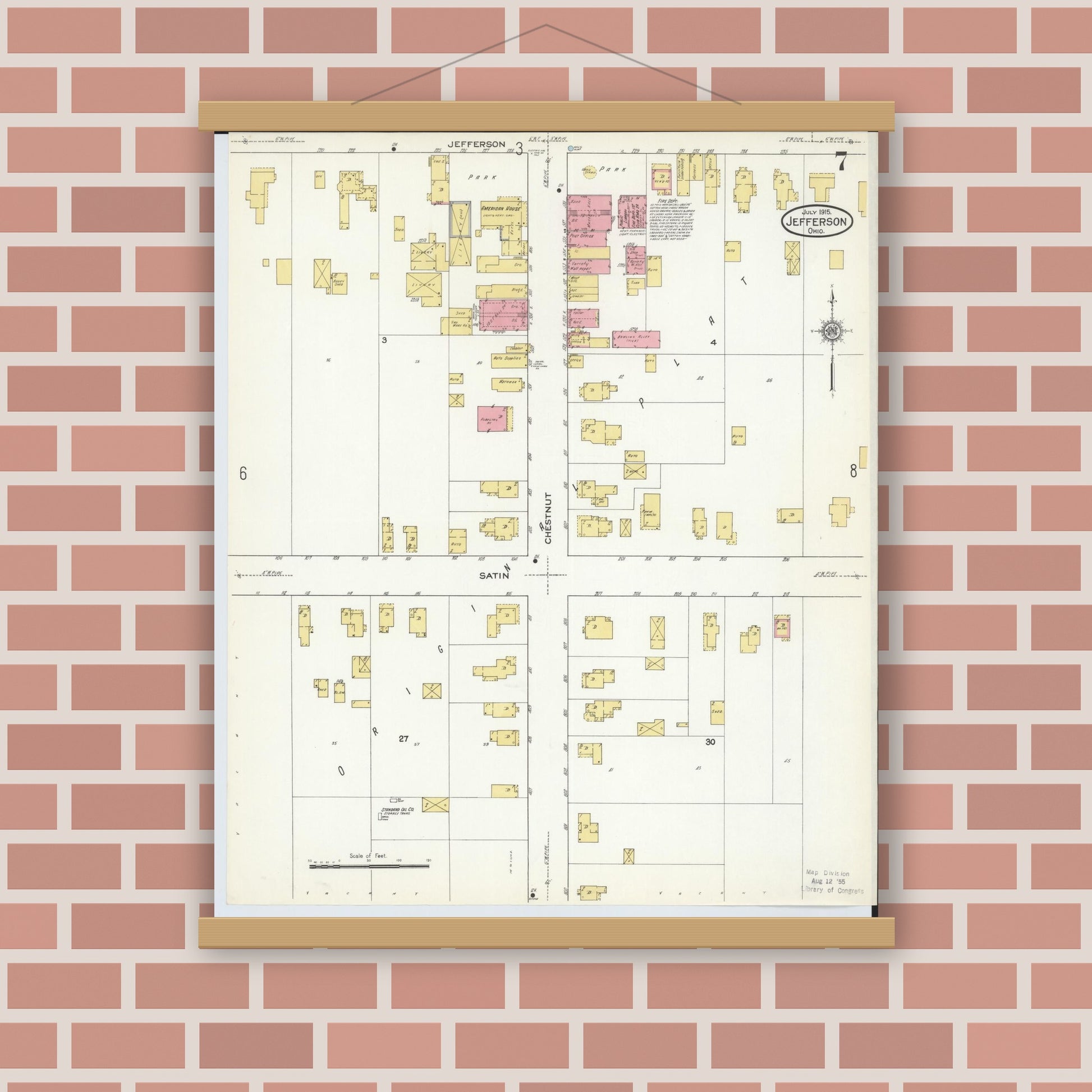 Old map wall art mockup — magnetic wood frame on brick wall — Sanborn Fire Insurance Map from Jefferson, Ashtabula County, Ohio (1915), Sheet #0007
