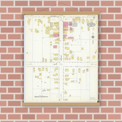 Old map wall art mockup — magnetic wood frame on brick wall — Sanborn Fire Insurance Map from Jefferson, Ashtabula County, Ohio (1915), Sheet #0007