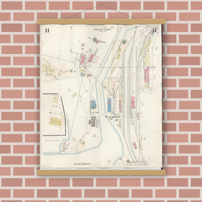 Old map wall art mockup — magnetic wood frame on brick wall — Sanborn Fire Insurance Map from Michigan City, La Porte County, Indiana (1948), Sheet #0011