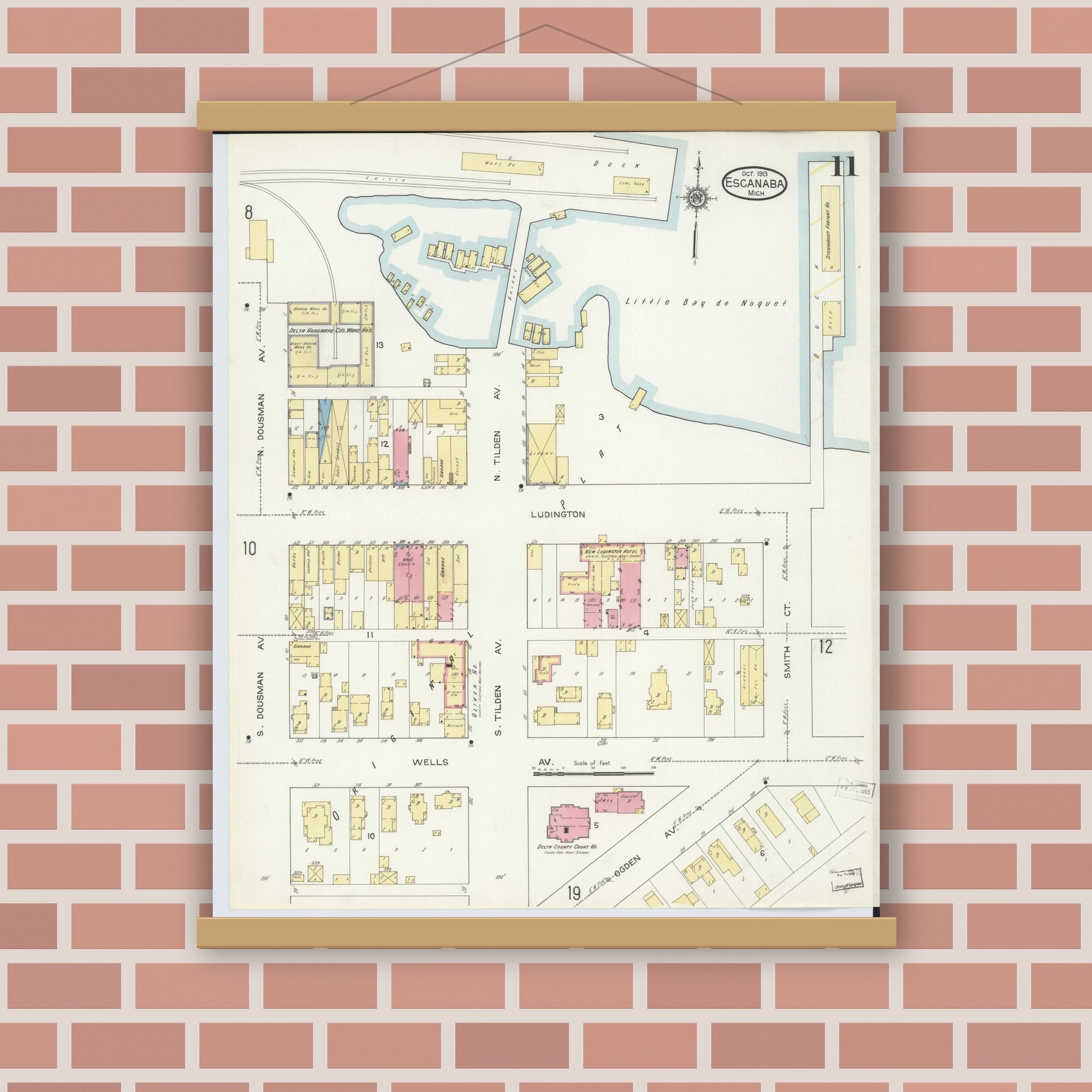 Old map wall art mockup — magnetic wood frame on brick wall — Sanborn Fire Insurance Map from Escanaba, Delta County, Michigan (1913), Sheet #0011