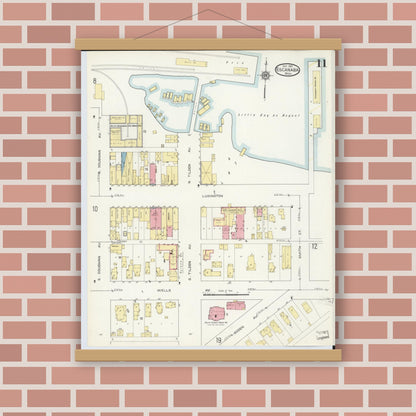 Old map wall art mockup — magnetic wood frame on brick wall — Sanborn Fire Insurance Map from Escanaba, Delta County, Michigan (1913), Sheet #0011