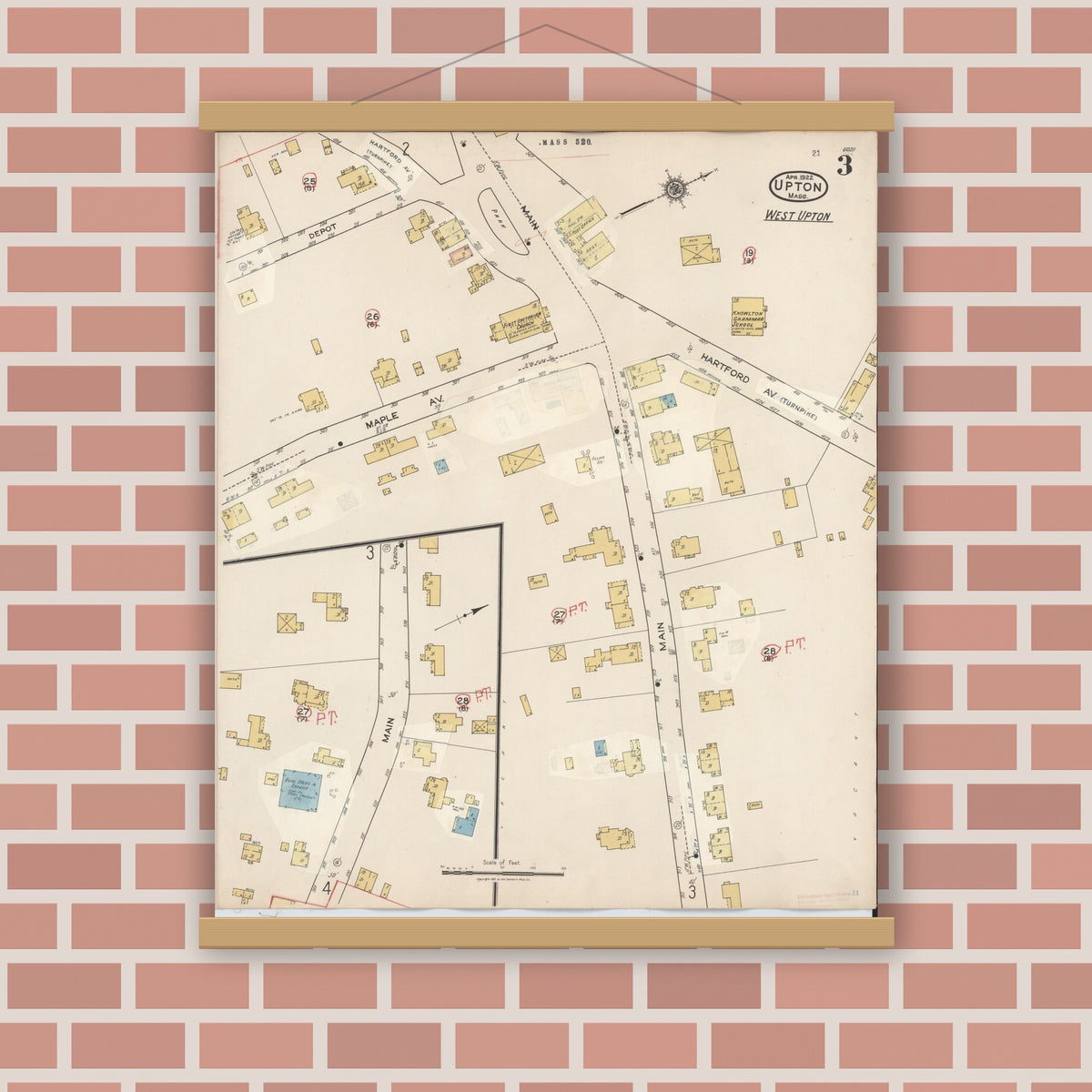 Old map wall art mockup — magnetic wood frame on brick wall — Sanborn Fire Insurance Map from Upton, Worcester County, Massachusetts (1945), Sheet #0003