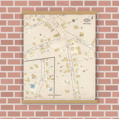 Old map wall art mockup — magnetic wood frame on brick wall — Sanborn Fire Insurance Map from Upton, Worcester County, Massachusetts (1945), Sheet #0003
