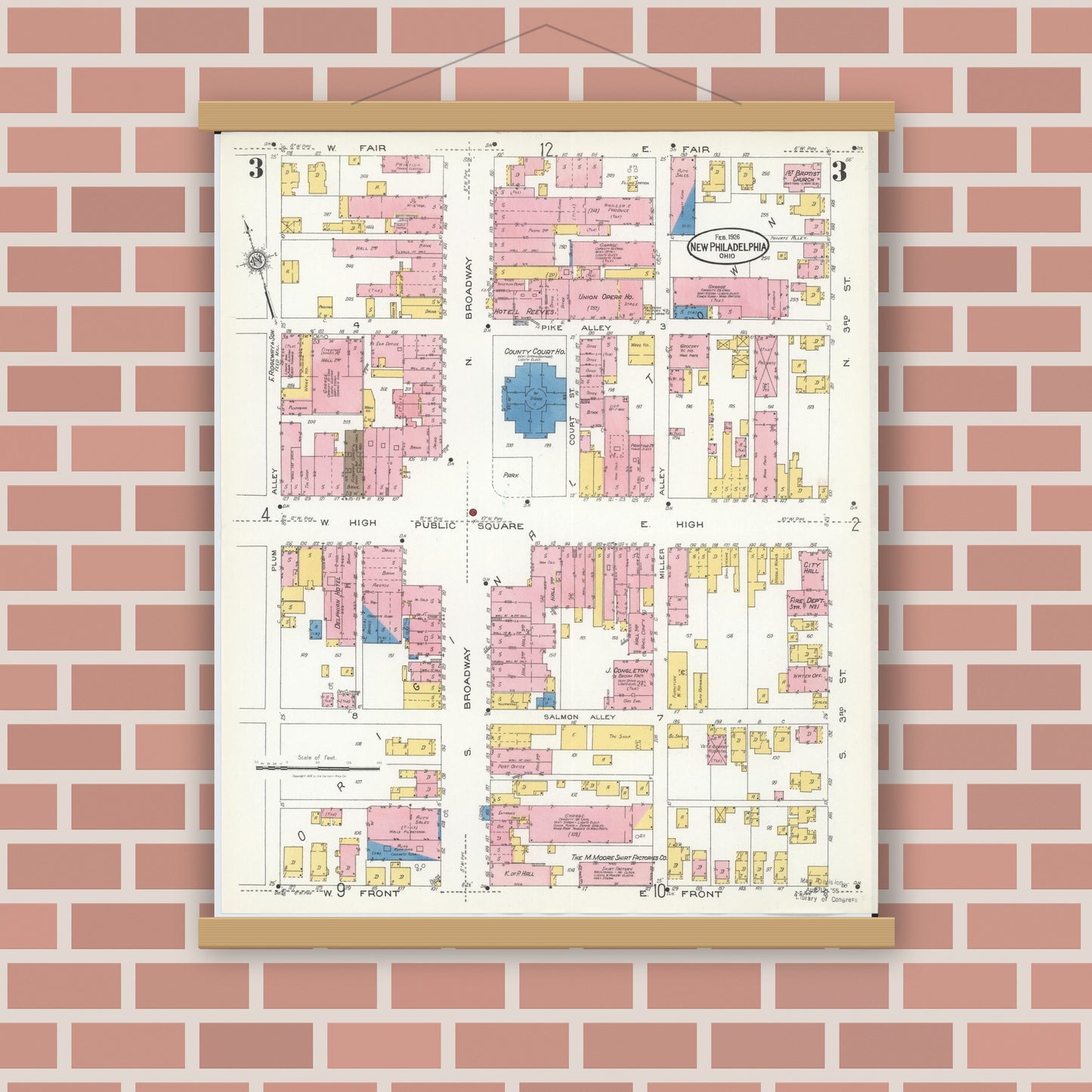 Old map wall art mockup — magnetic wood frame on brick wall — Sanborn Fire Insurance Map from New Philadelphia, Tuscarawas County, Ohio (1926), Sheet #0003