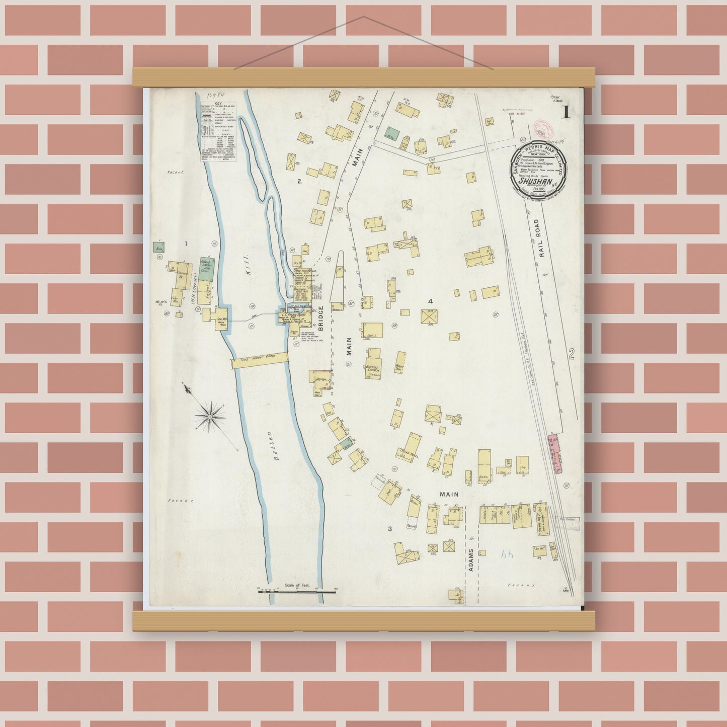 Old map wall art mockup — magnetic wood frame on brick wall — Sanborn Fire Insurance Map from Shushan, Washington County, New York (1895), Sheet #0001