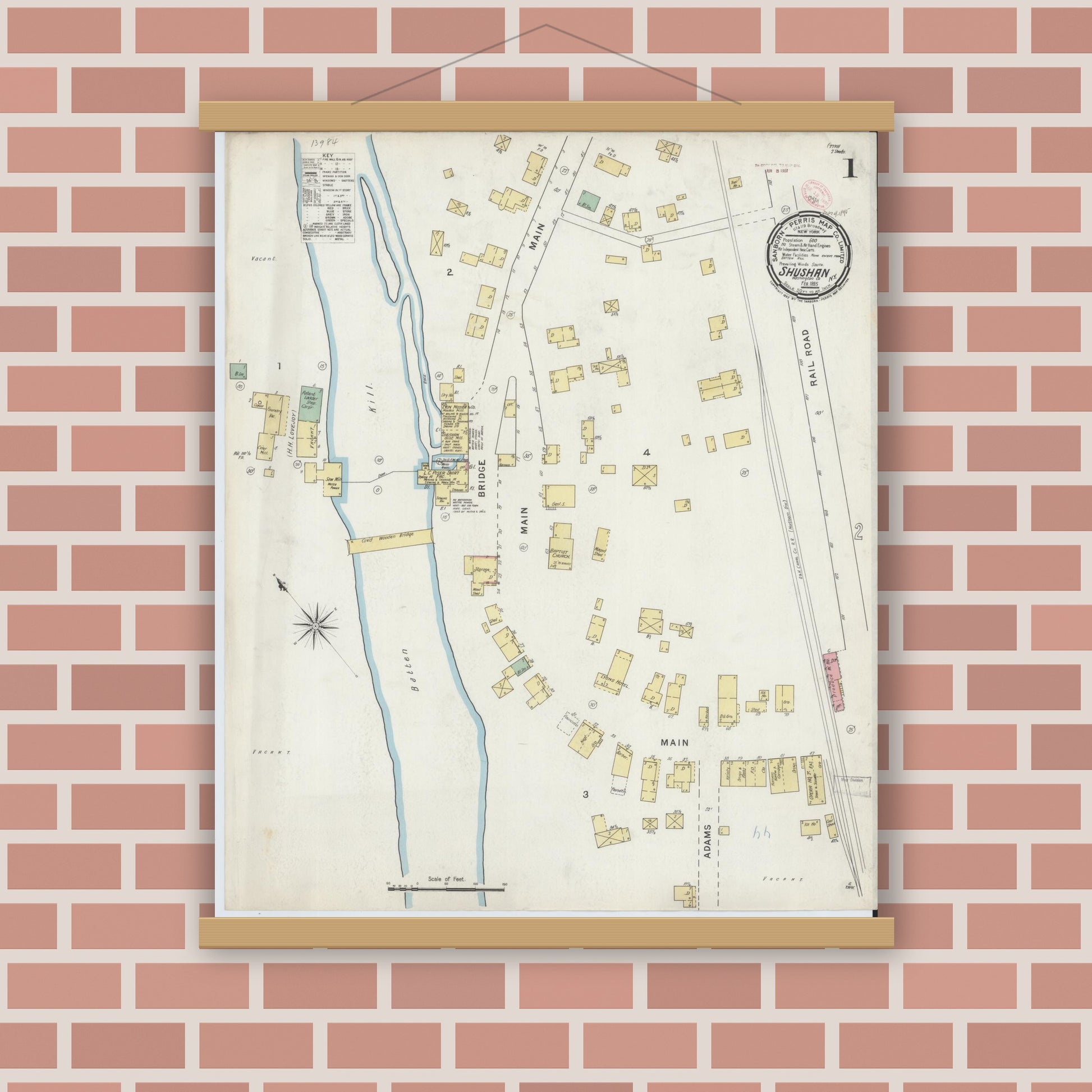 Old map wall art mockup — magnetic wood frame on brick wall — Sanborn Fire Insurance Map from Shushan, Washington County, New York (1895), Sheet #0001