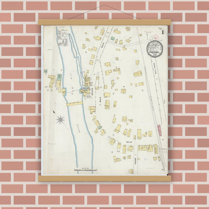 Old map wall art mockup — magnetic wood frame on brick wall — Sanborn Fire Insurance Map from Shushan, Washington County, New York (1895), Sheet #0001
