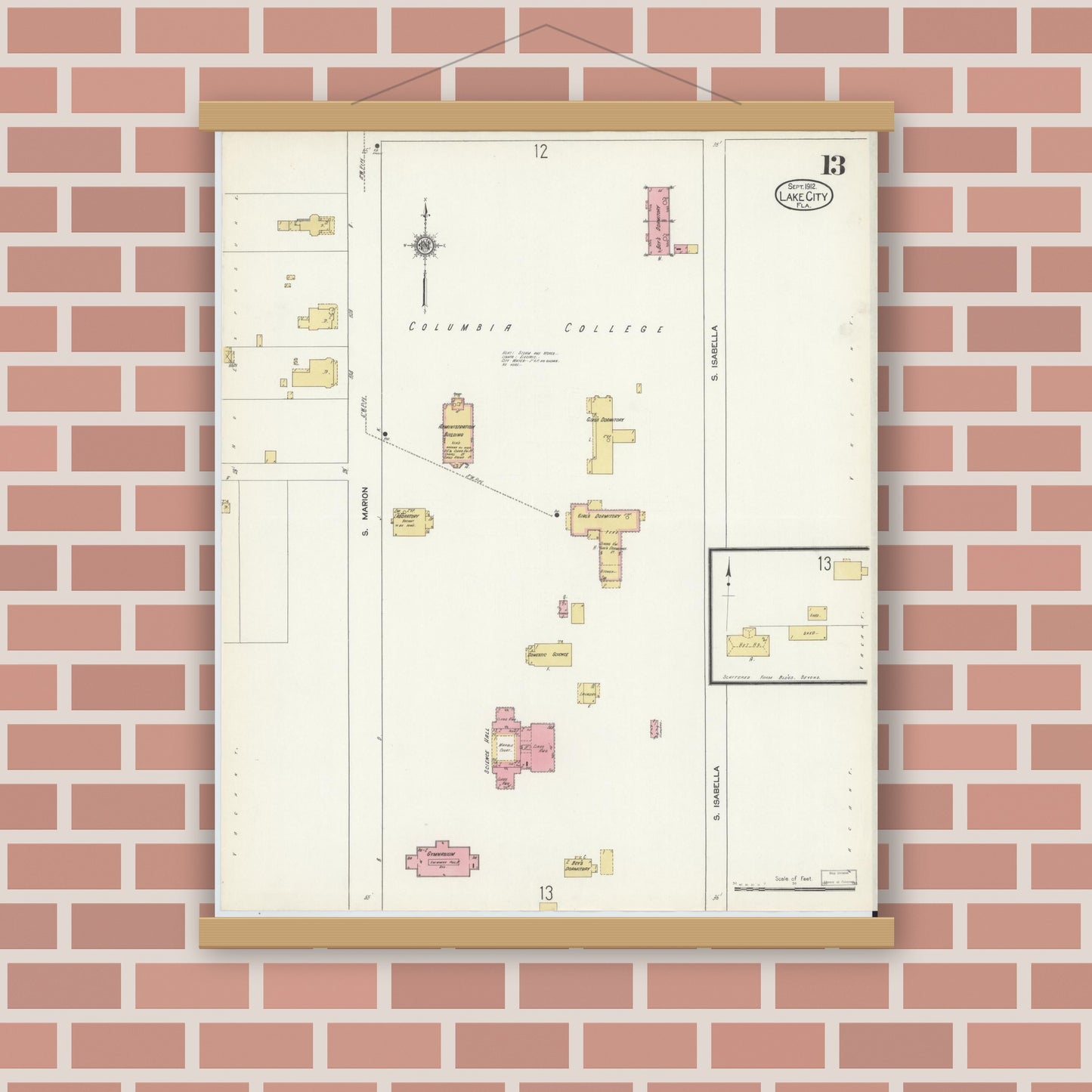 Old map wall art mockup — magnetic wood frame on brick wall — Sanborn Fire Insurance Map from Lake City, Columbia County, Florida (1912), Sheet #0013