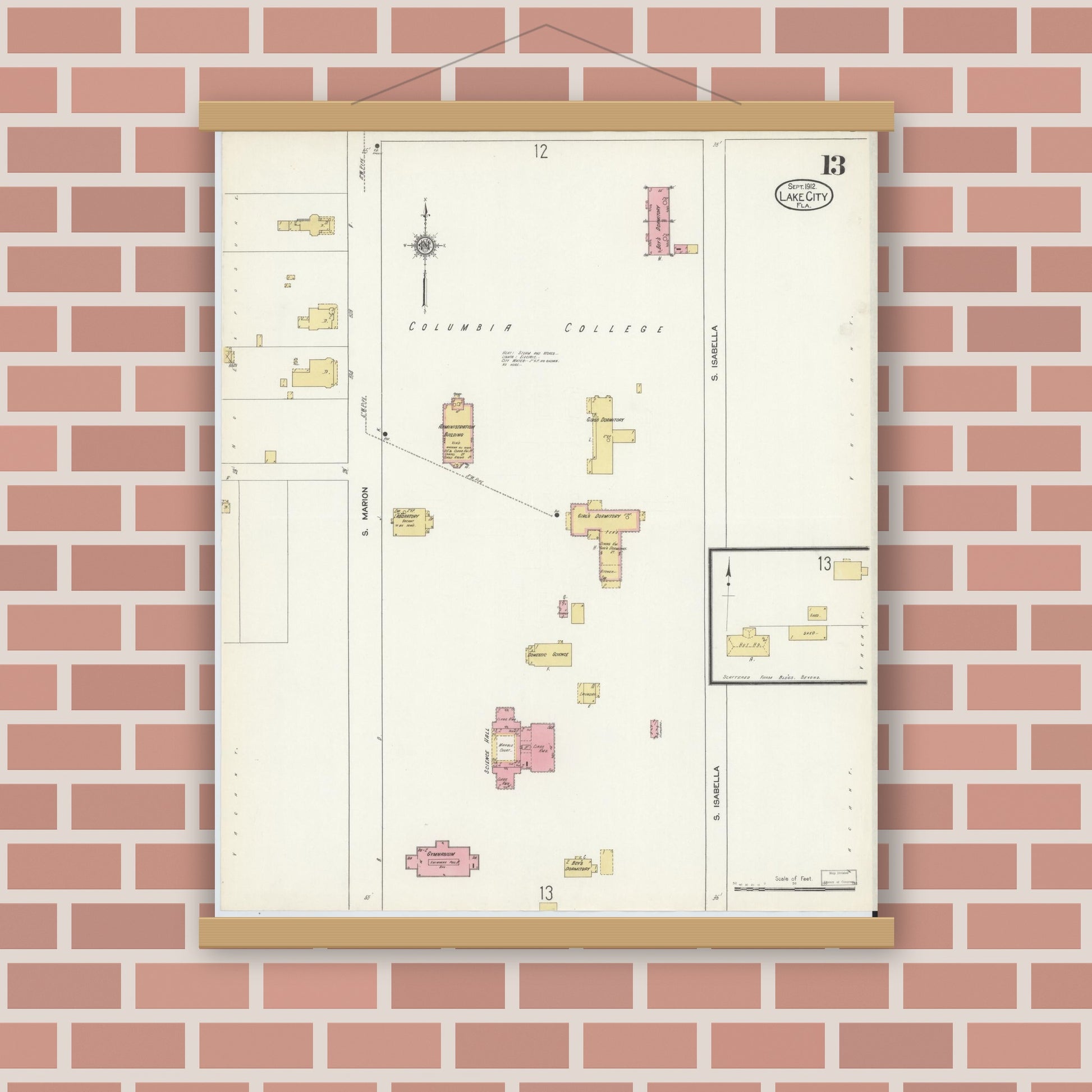 Old map wall art mockup — magnetic wood frame on brick wall — Sanborn Fire Insurance Map from Lake City, Columbia County, Florida (1912), Sheet #0013