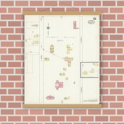 Old map wall art mockup — magnetic wood frame on brick wall — Sanborn Fire Insurance Map from Lake City, Columbia County, Florida (1912), Sheet #0013