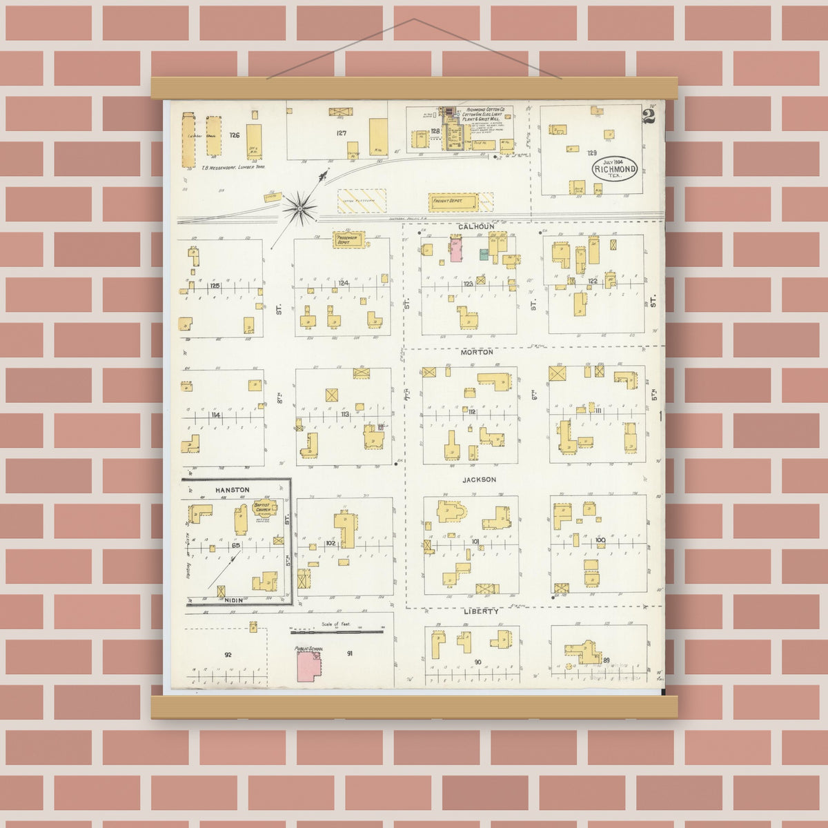 Old map wall art mockup — magnetic wood frame on brick wall — Sanborn Fire Insurance Map from Richmond, Fort Bend County, Texas (1904), Sheet #0002