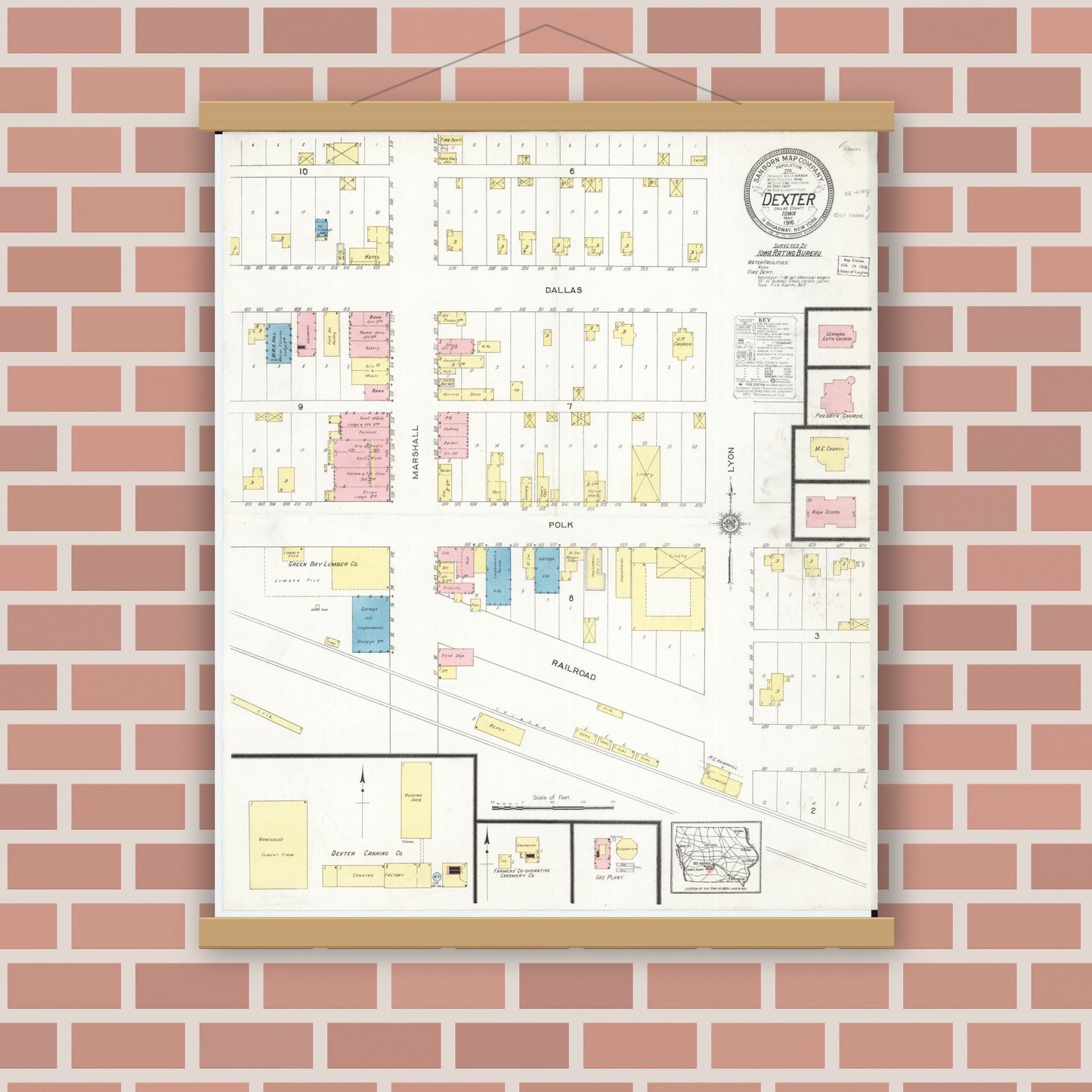 Old map wall art mockup — magnetic wood frame on brick wall — Sanborn Fire Insurance Map from Dexter, Dallas County, Iowa (1916), Sheet #0001