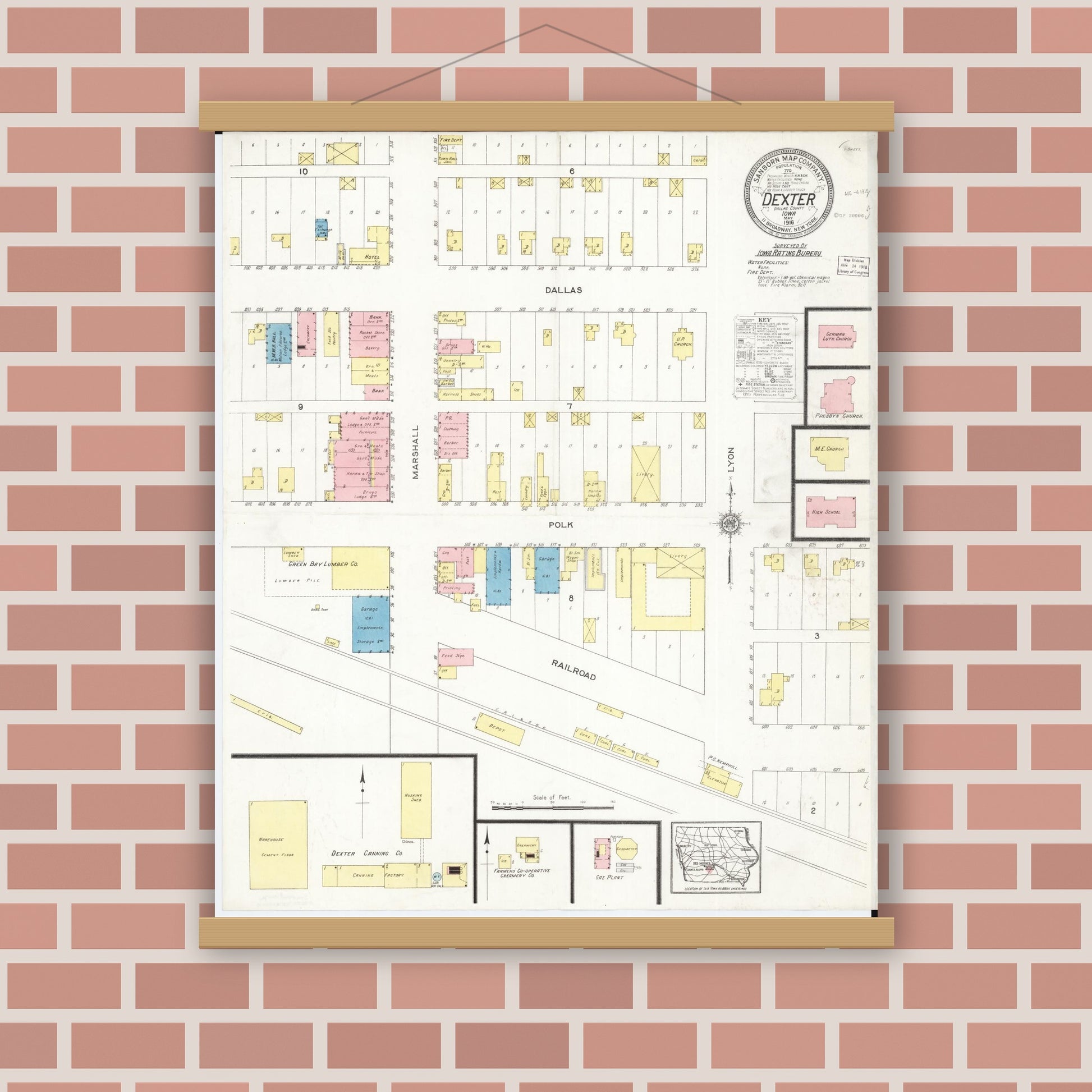 Old map wall art mockup — magnetic wood frame on brick wall — Sanborn Fire Insurance Map from Dexter, Dallas County, Iowa (1916), Sheet #0001