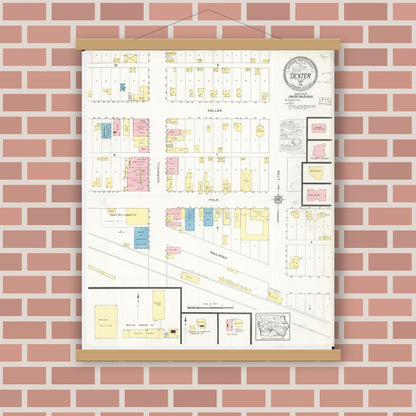 Old map wall art mockup — magnetic wood frame on brick wall — Sanborn Fire Insurance Map from Dexter, Dallas County, Iowa (1916), Sheet #0001