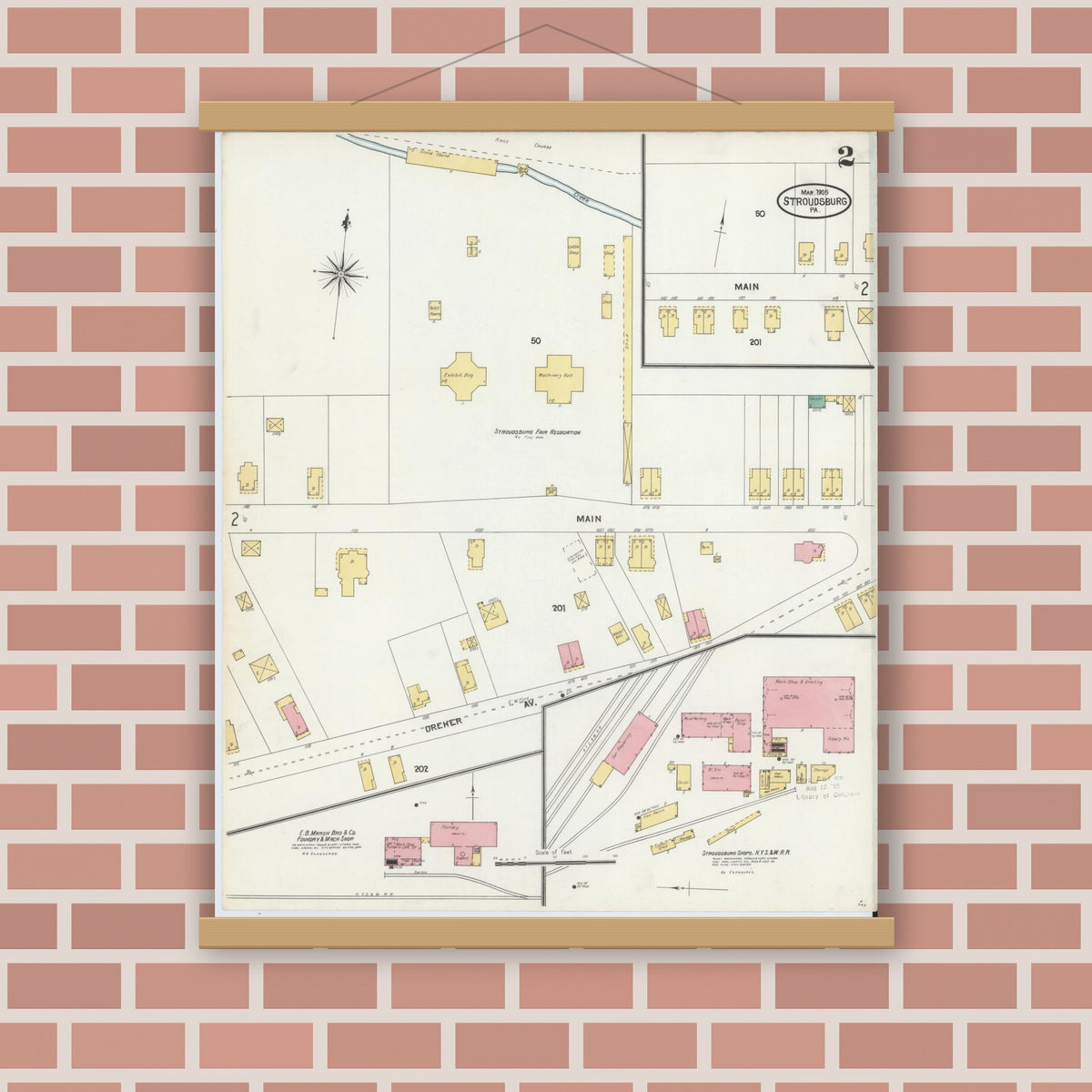 Old map wall art mockup — magnetic wood frame on brick wall — Sanborn Fire Insurance Map from Stroudsburg, Monroe County, Pennsylvania (1905), Sheet #0002