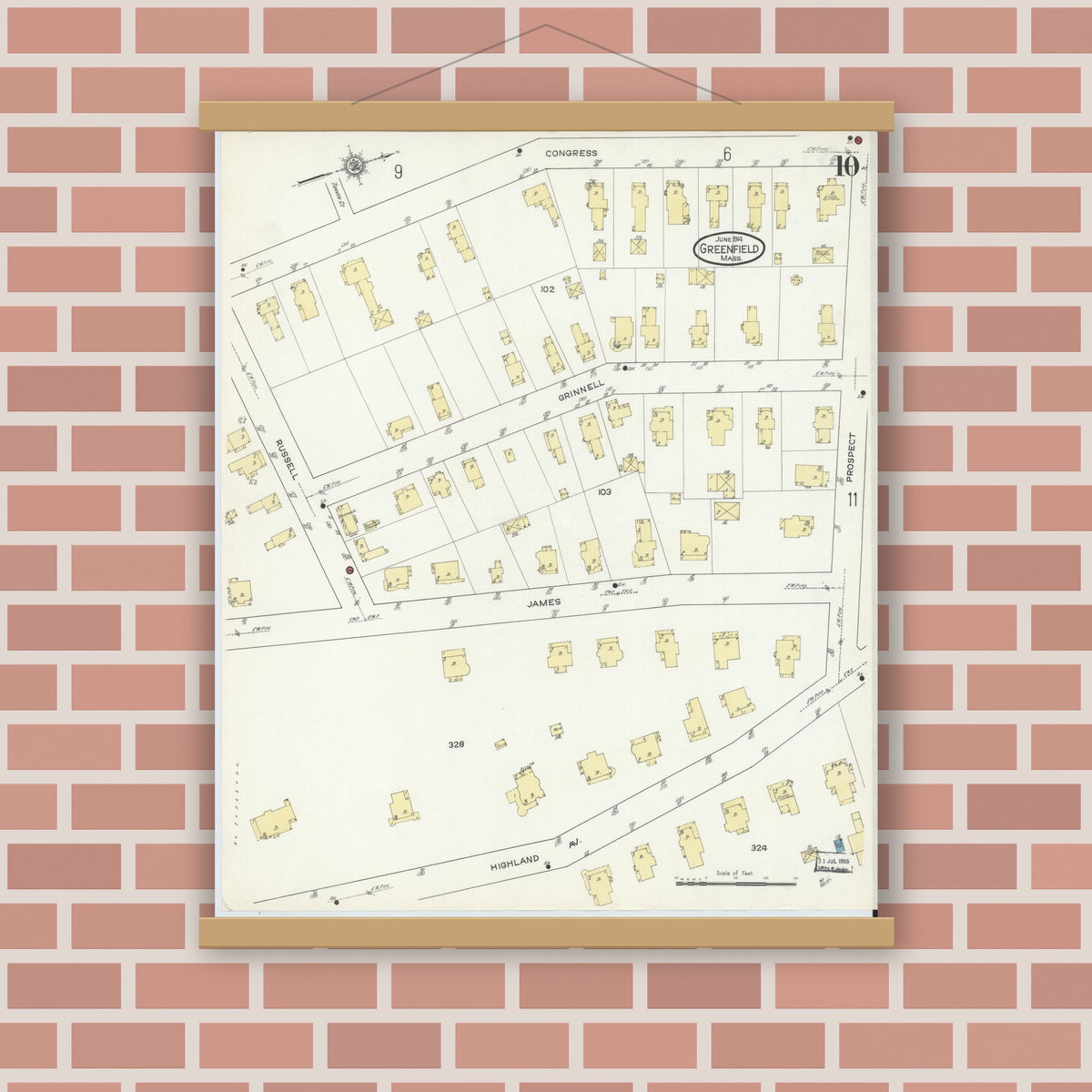Old map wall art mockup — magnetic wood frame on brick wall — Sanborn Fire Insurance Map from Greenfield, Franklin County, Massachusetts (1914), Sheet #0010