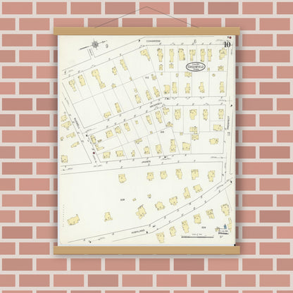 Old map wall art mockup — magnetic wood frame on brick wall — Sanborn Fire Insurance Map from Greenfield, Franklin County, Massachusetts (1914), Sheet #0010
